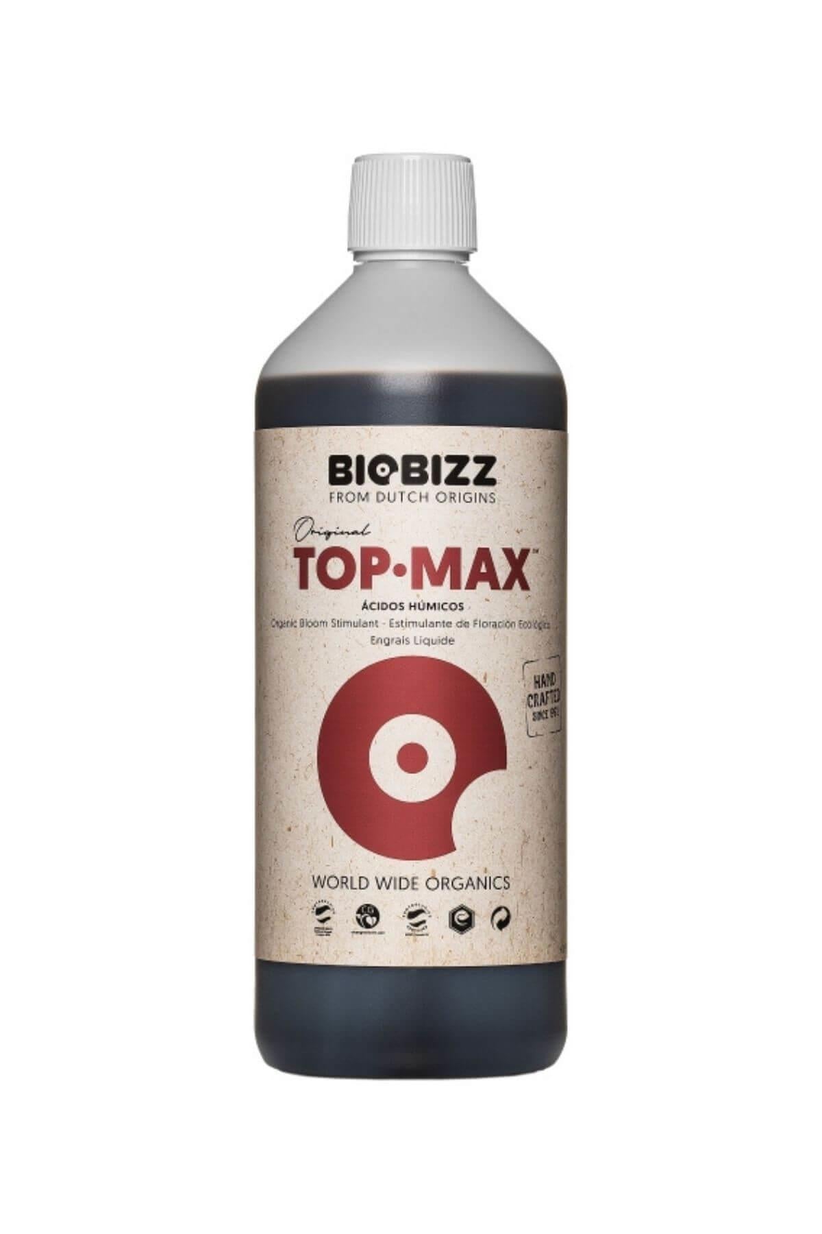 Top Max 1 litre koyu renkli şişe – bej kraft etiket, bordo yaprak diski, siyah Biobizz logolu üst kısım