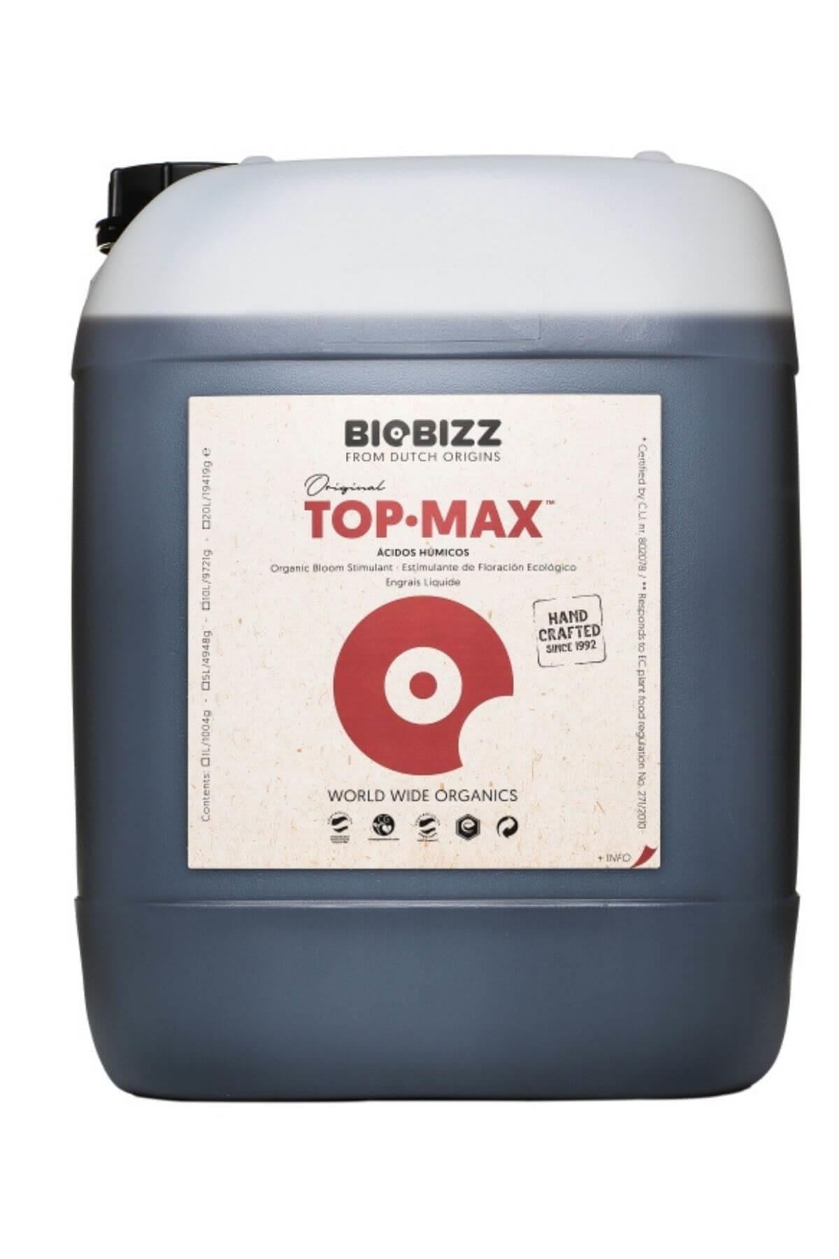Top Max 10 litre koyu renkli büyük bidon – bej kraft etiket, bordo yaprak diski, beyaz kapaklı gövde