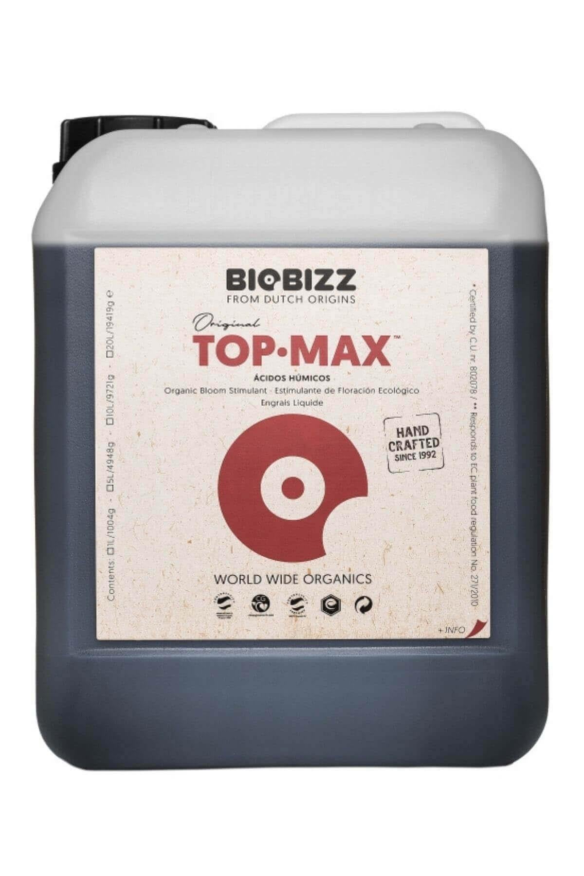 Top Max 5 litre koyu renkli bidon – bej etiket, bordo daire simgesi, beyaz geniş kapak, kulplu gövde