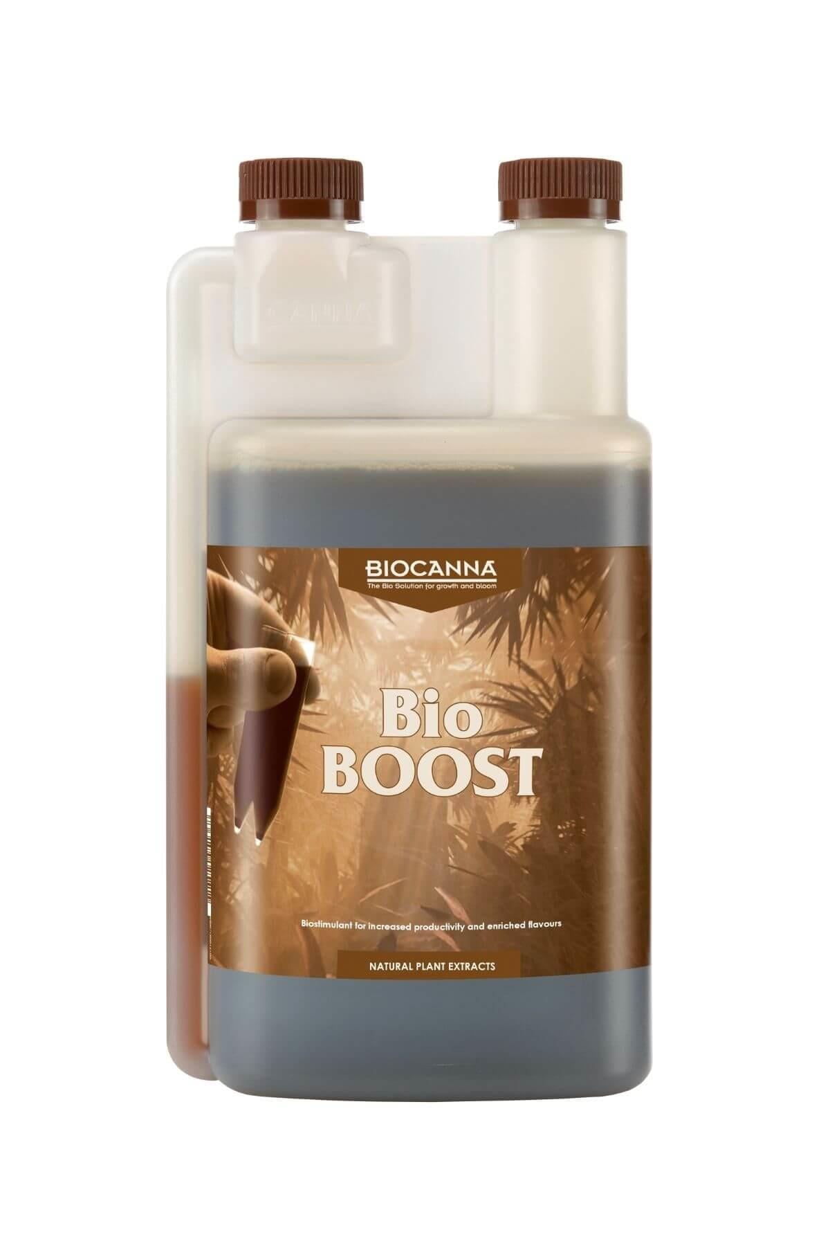 Bio Boost 1 litre kahverengi şişe – bakır tonlu etiket, doku görseli, iki koyu renkli dozaj kapağı
