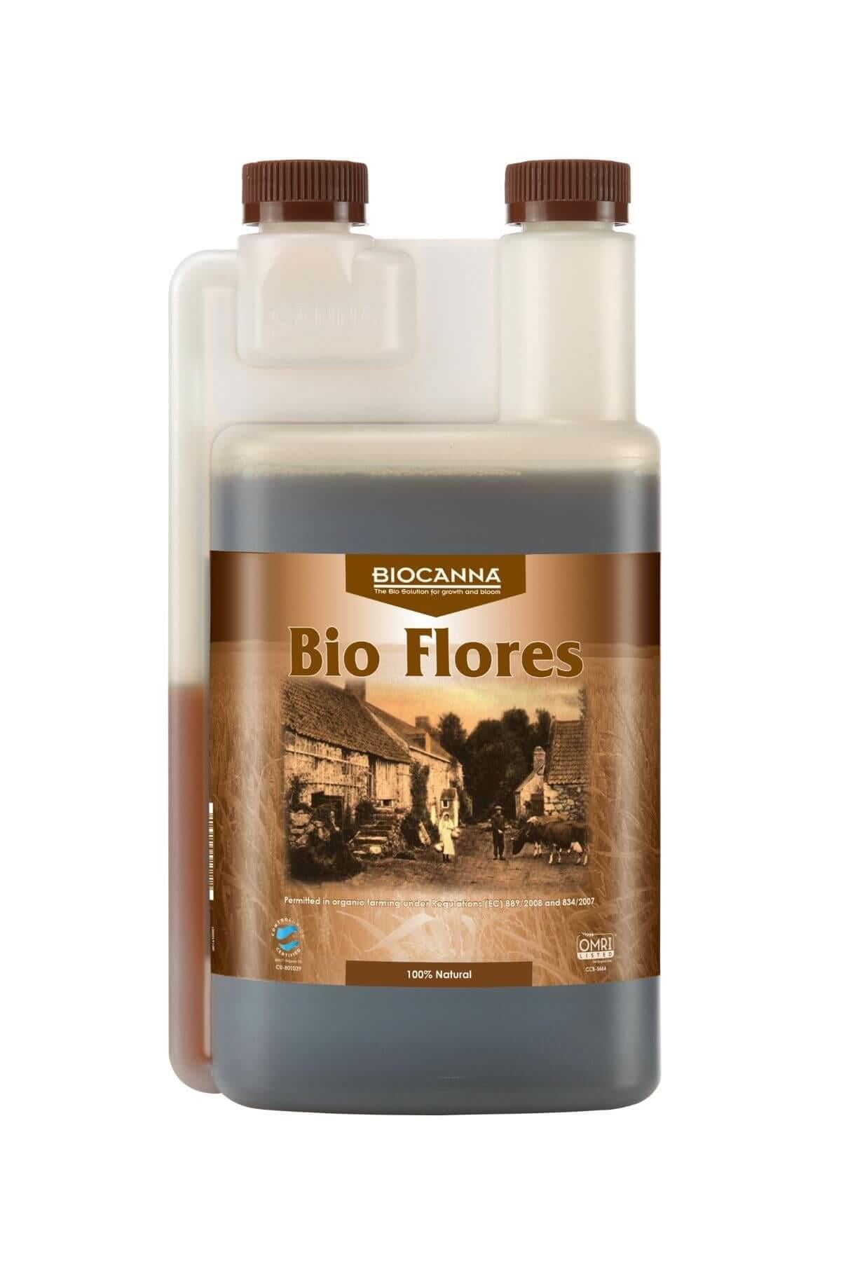 Bio Flores 1 litre kahverengi şişe – bakır tonlu etiket, tarla görseli, iki koyu renkli dozaj kapağı