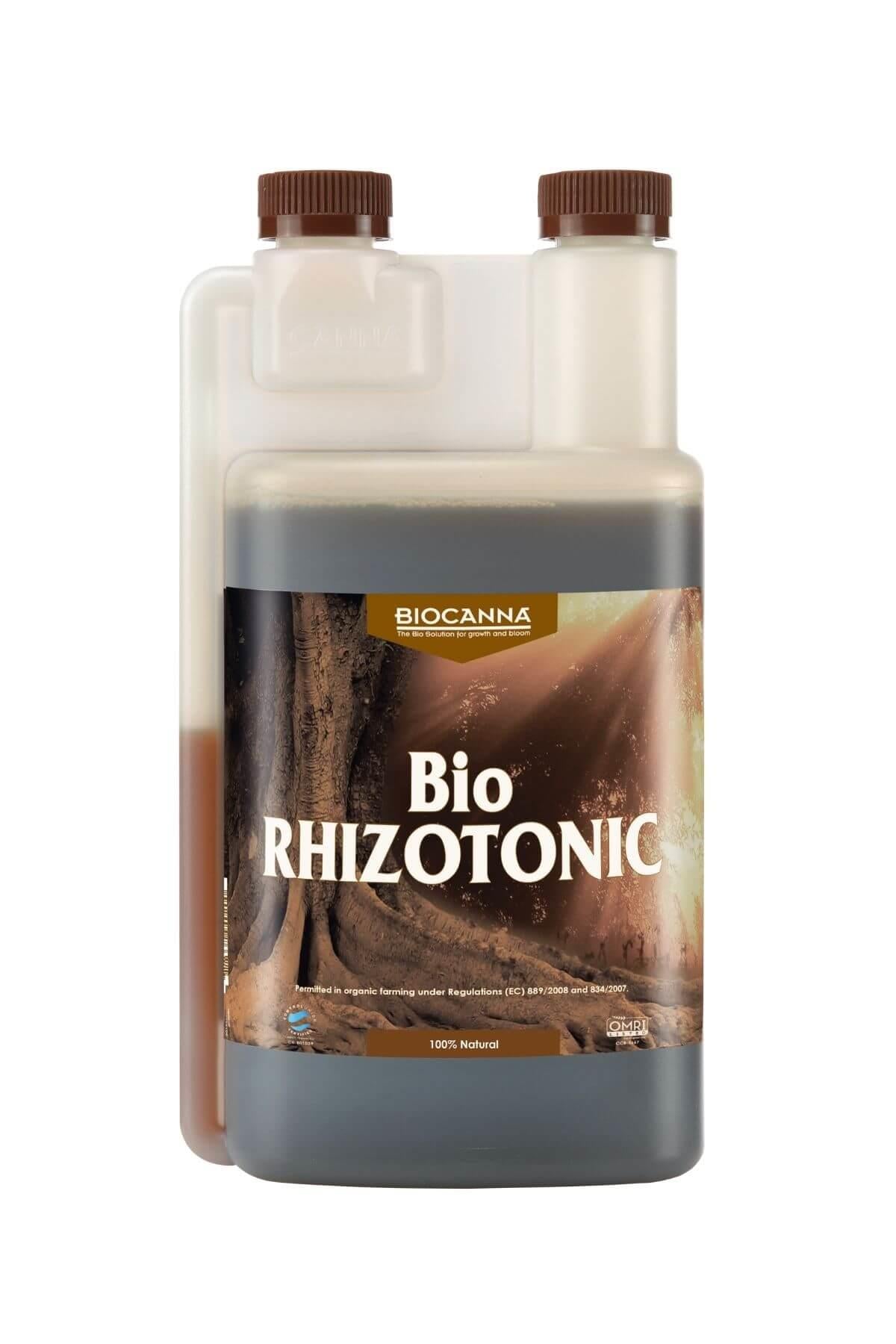 Bio Rhizotonic 1 litre kahverengi şişe – bakır tonlu etiket, kök görseli, iki koyu renkli dozaj kapağı