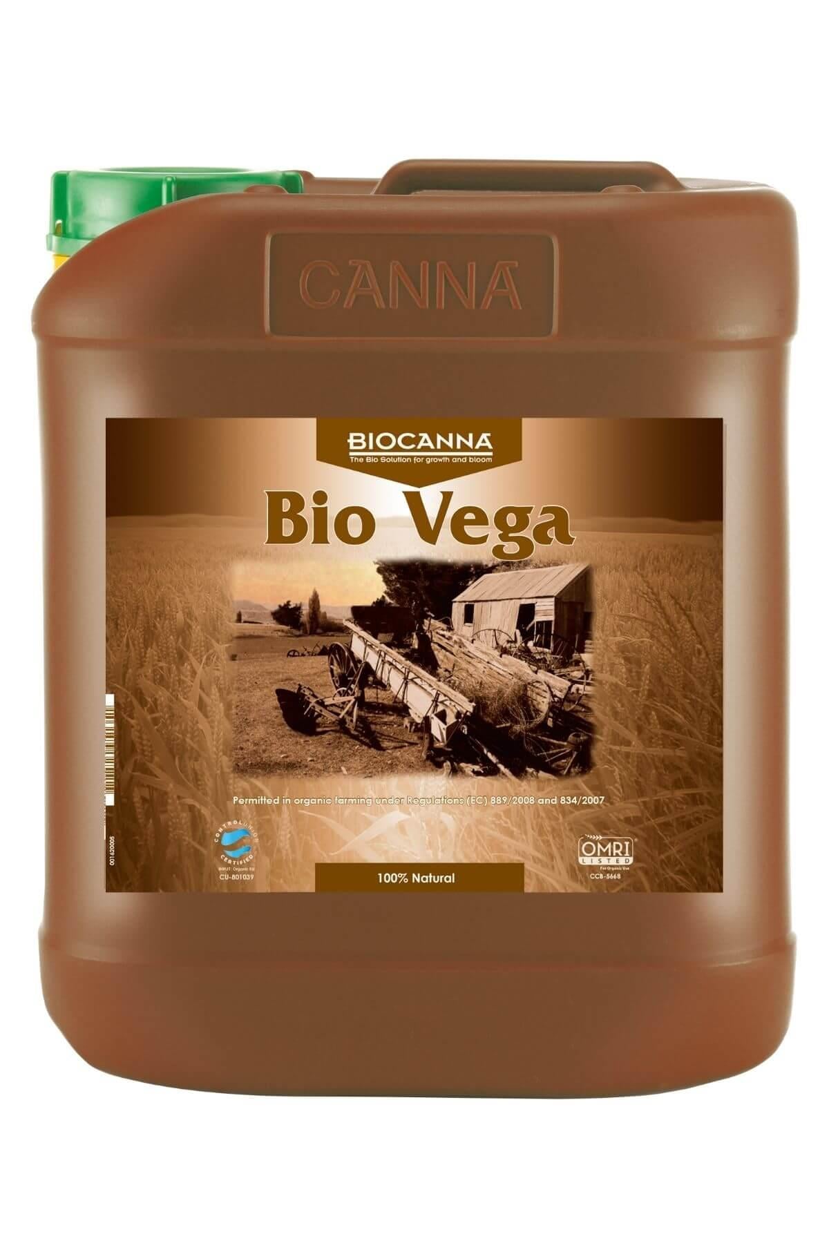 Bio Vega 5 litre kahverengi bidon – bakır tonlu etiket, tarla görseli, yeşil kapak, kulplu geniş gövde