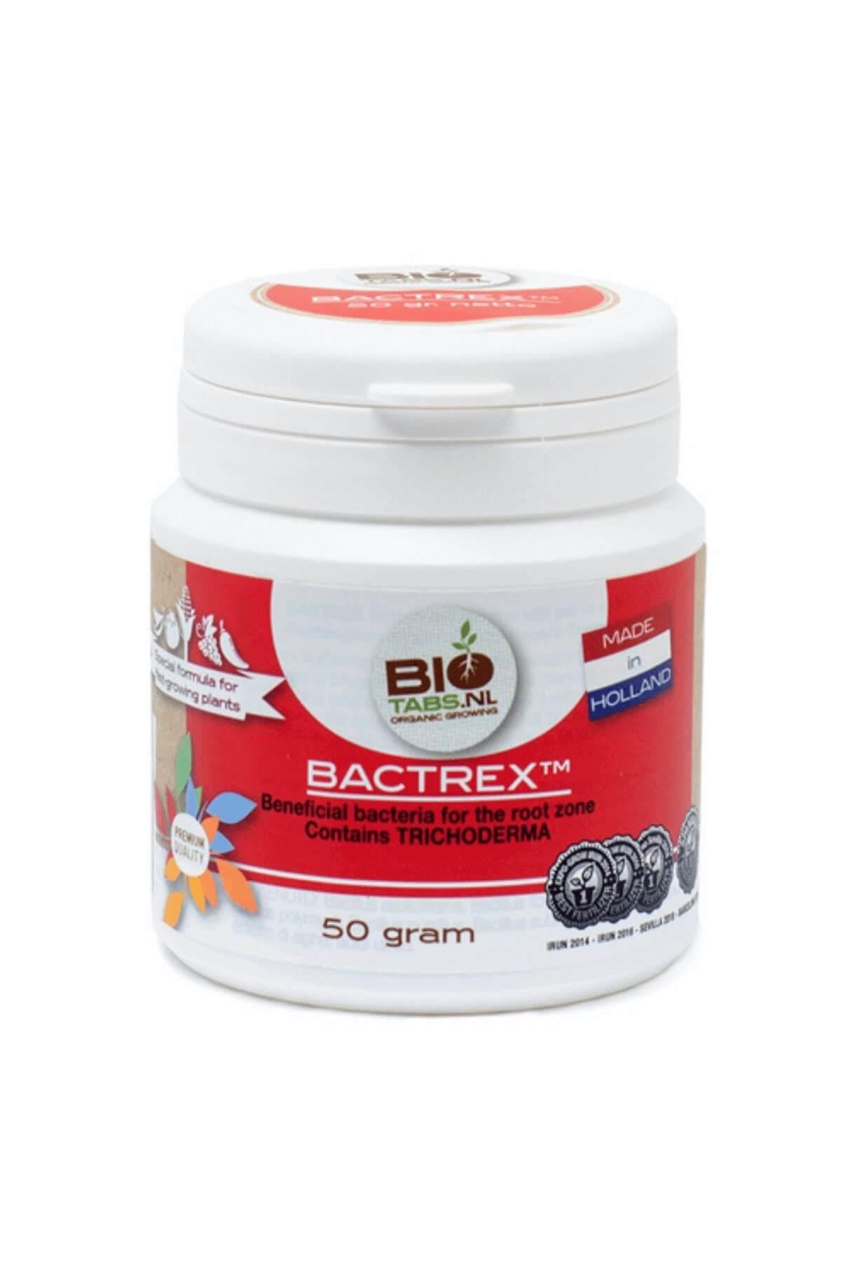BioTabs Bactrex 50 gram – beyaz kapaklı küçük kutuda toz ürün ve BioTabs logolu renkli etiket