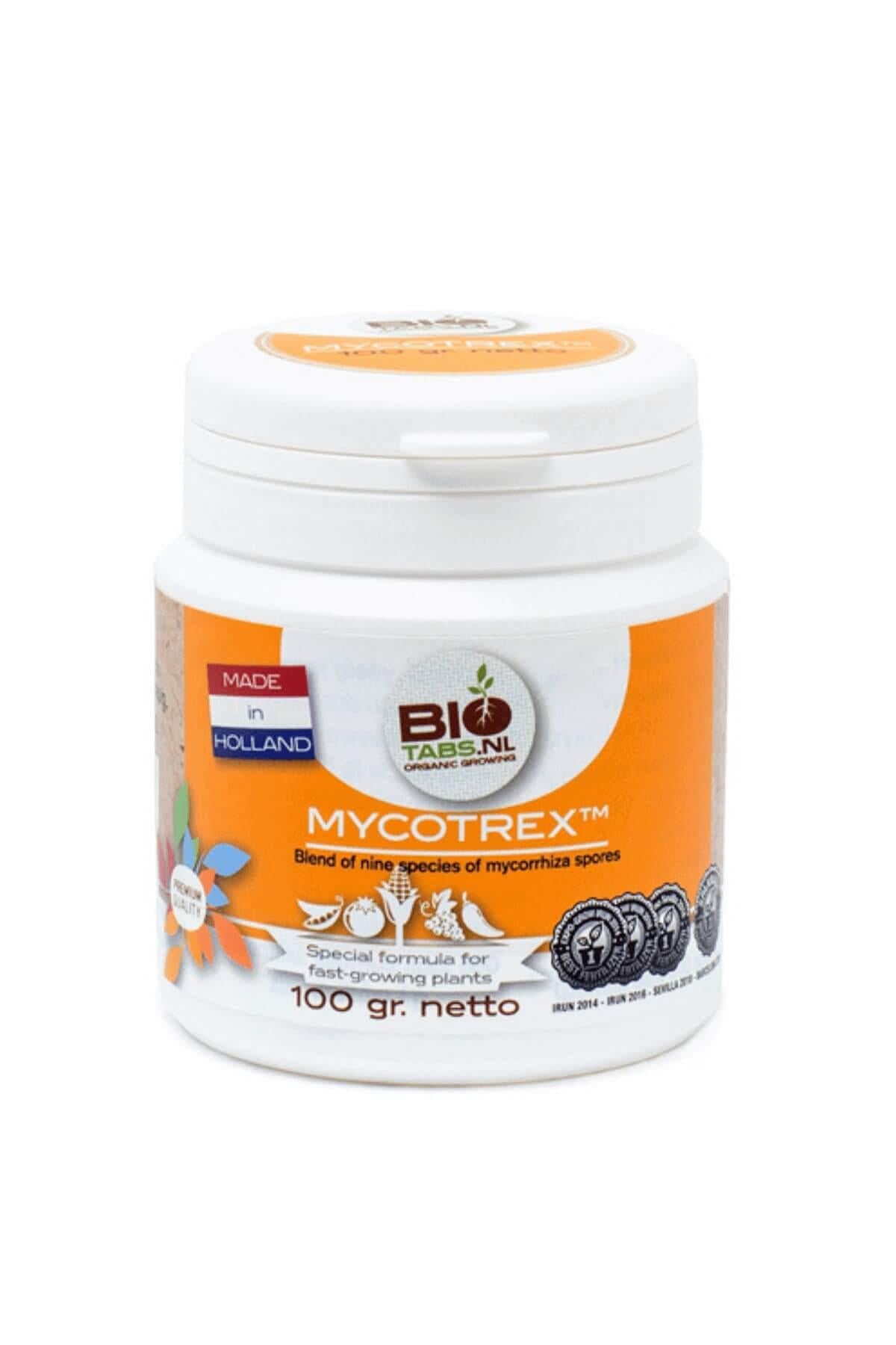 BioTabs Mycotrex 100 gram – kapaklı kutuda toz mikoriza karışımı ve BioTabs logolu ürün etiketi