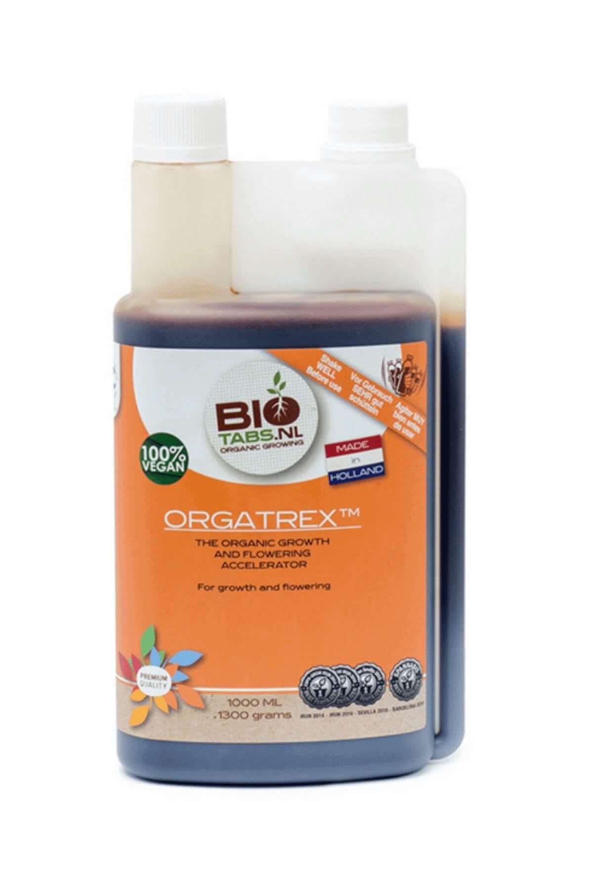 BioTabs Orgatrex 1 litre – kapaklı plastik şişede koyu renkli sıvı ve BioTabs logolu etiket