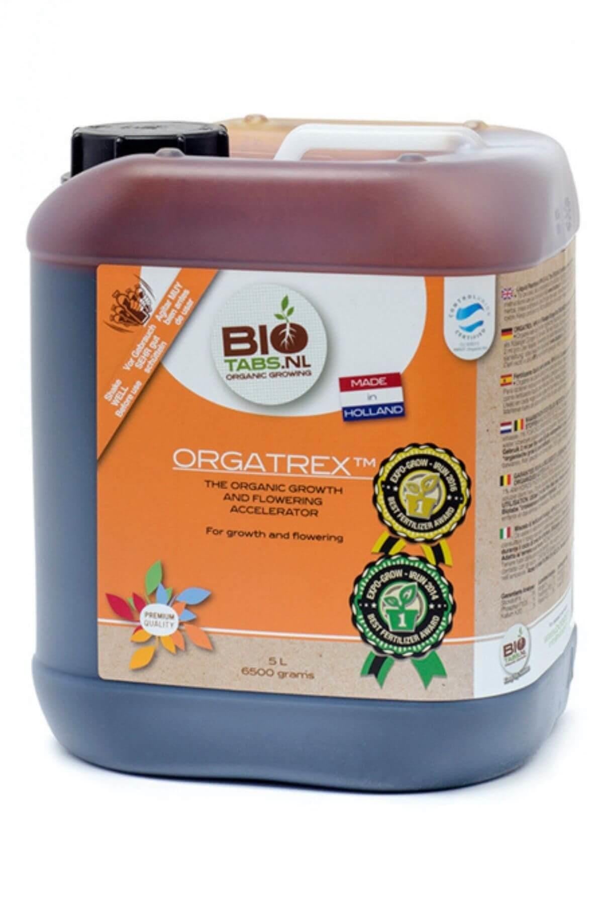 BioTabs Orgatrex 5 litre – kapaklı plastik şişede koyu renkli sıvı ve BioTabs logolu etiket