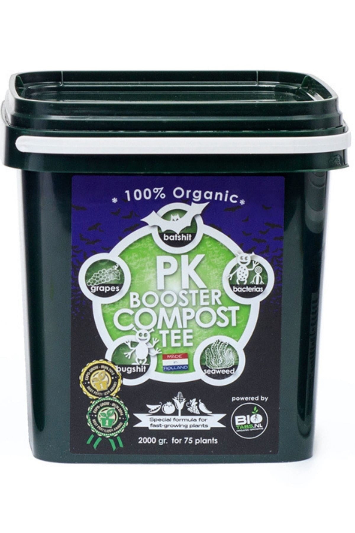 BioTabs PK Booster Compost Tea 2 kg – kapaklı ambalajda koyu renkli ürün ve BioTabs logolu etiket