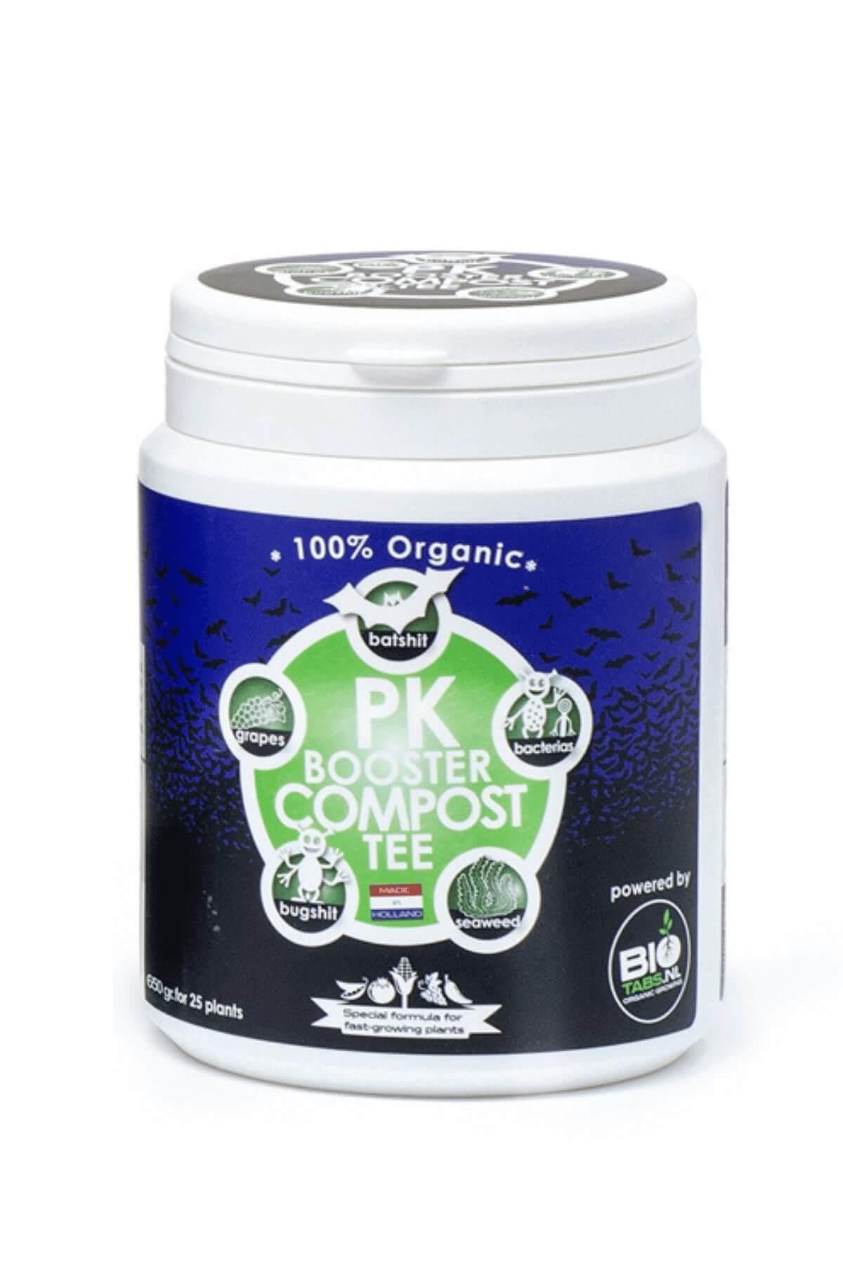 BioTabs PK Booster Compost Tea 750 ml – kapaklı ambalajda koyu renkli ürün ve BioTabs logolu etiket