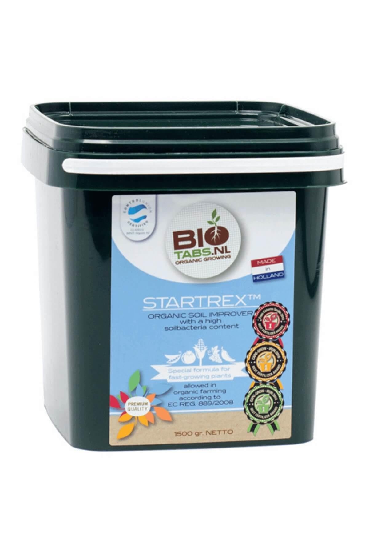 BioTabs Startrex 1,5 kg – kapaklı kutuda koyu renkli toz ürün ve BioTabs logolu renkli etiket