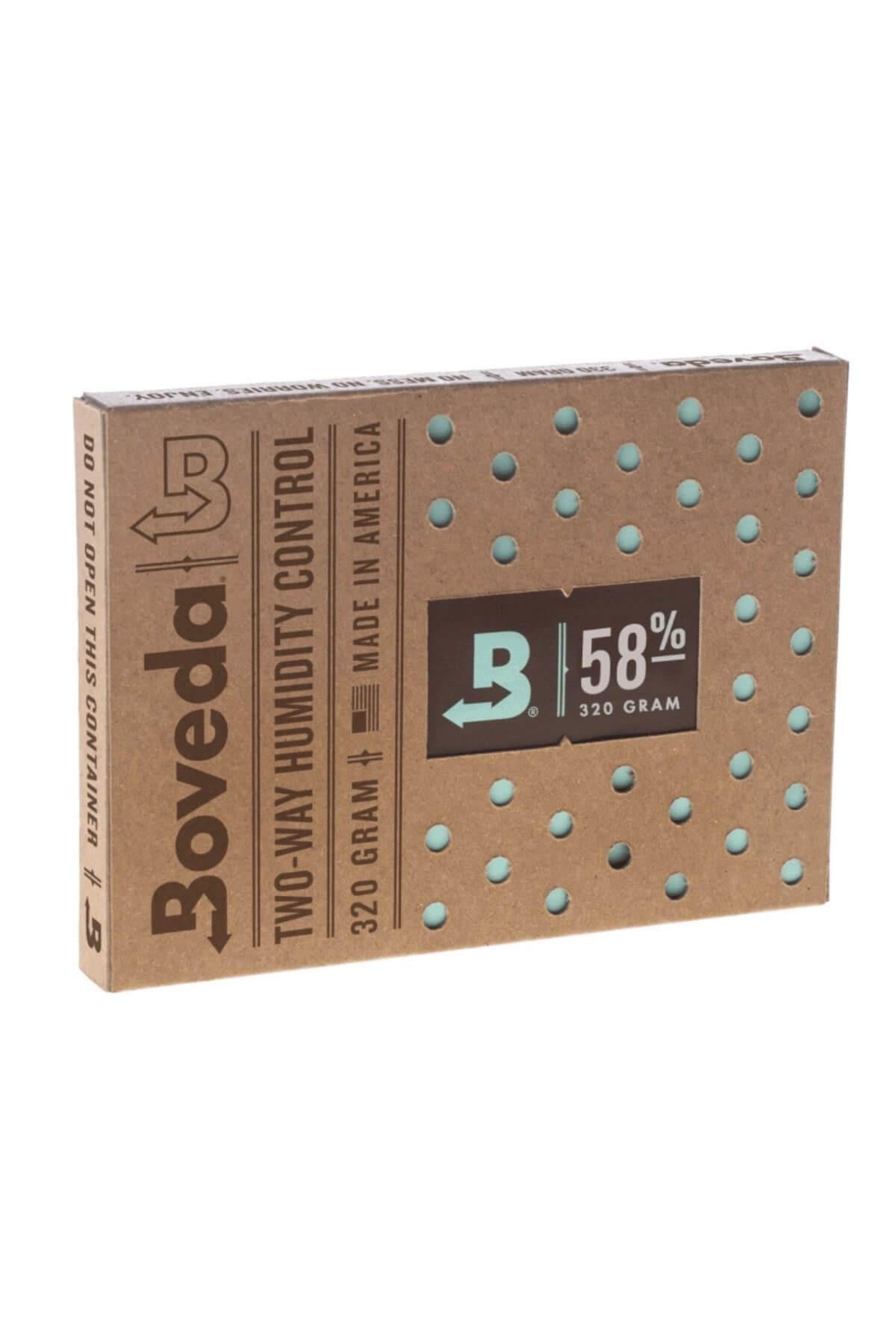 Boveda %58 nem regülatörü 320 g – büyük boy beyaz nem paketi ve Boveda logolu ürün ambalajı