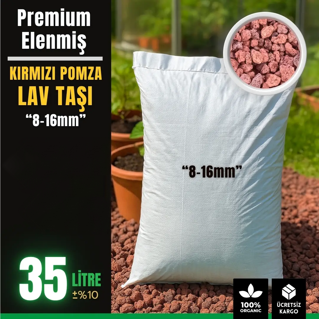 Premium elenmiş kırmızı pomza lav taşı 8-16 mm – 35 litrelik iri tane çuvalı