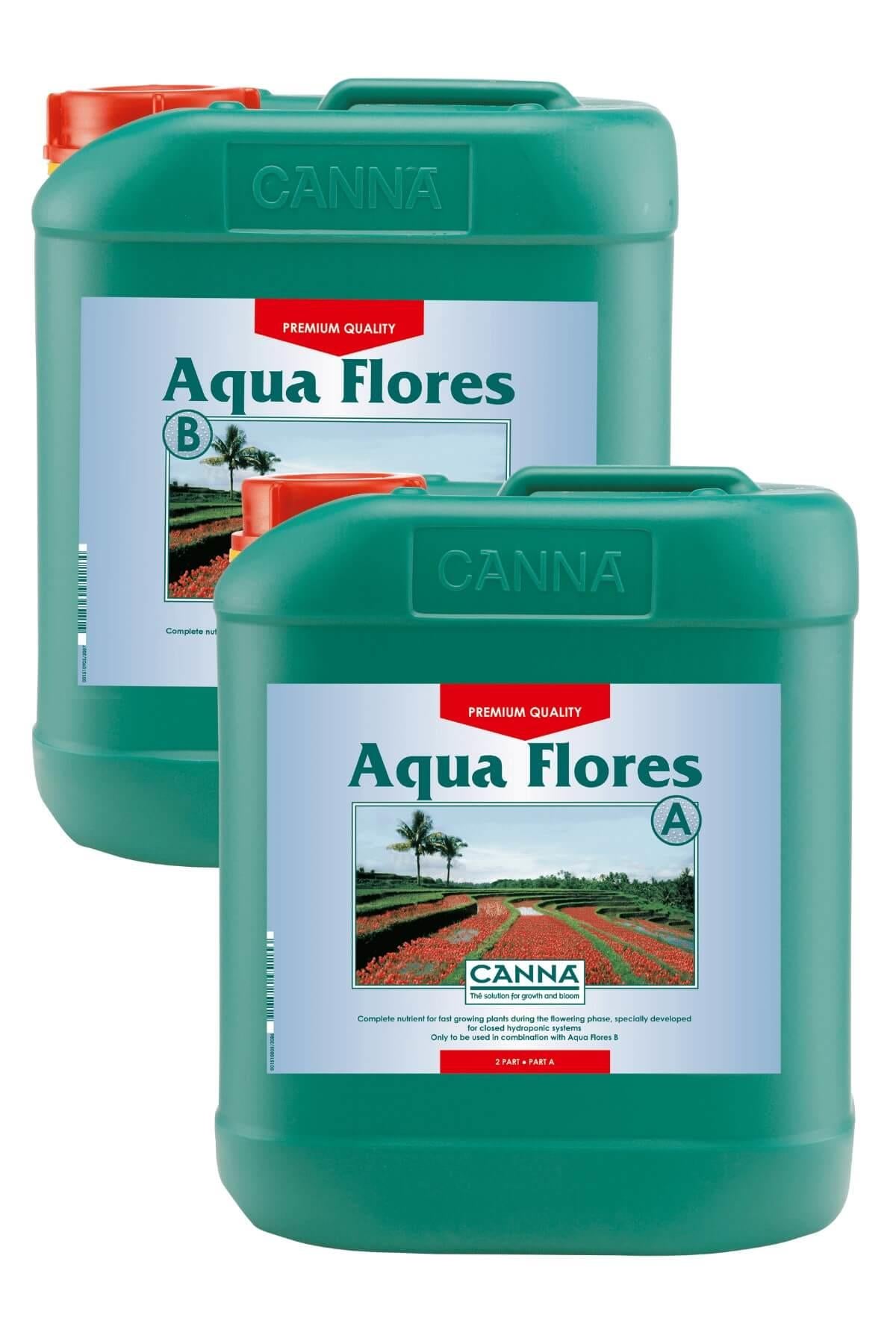Aqua Flores Part A ve Part B 5 litrelik yeşil bidonlar – mavi etiket, çiçekli tarla, kırmızı kapaklı