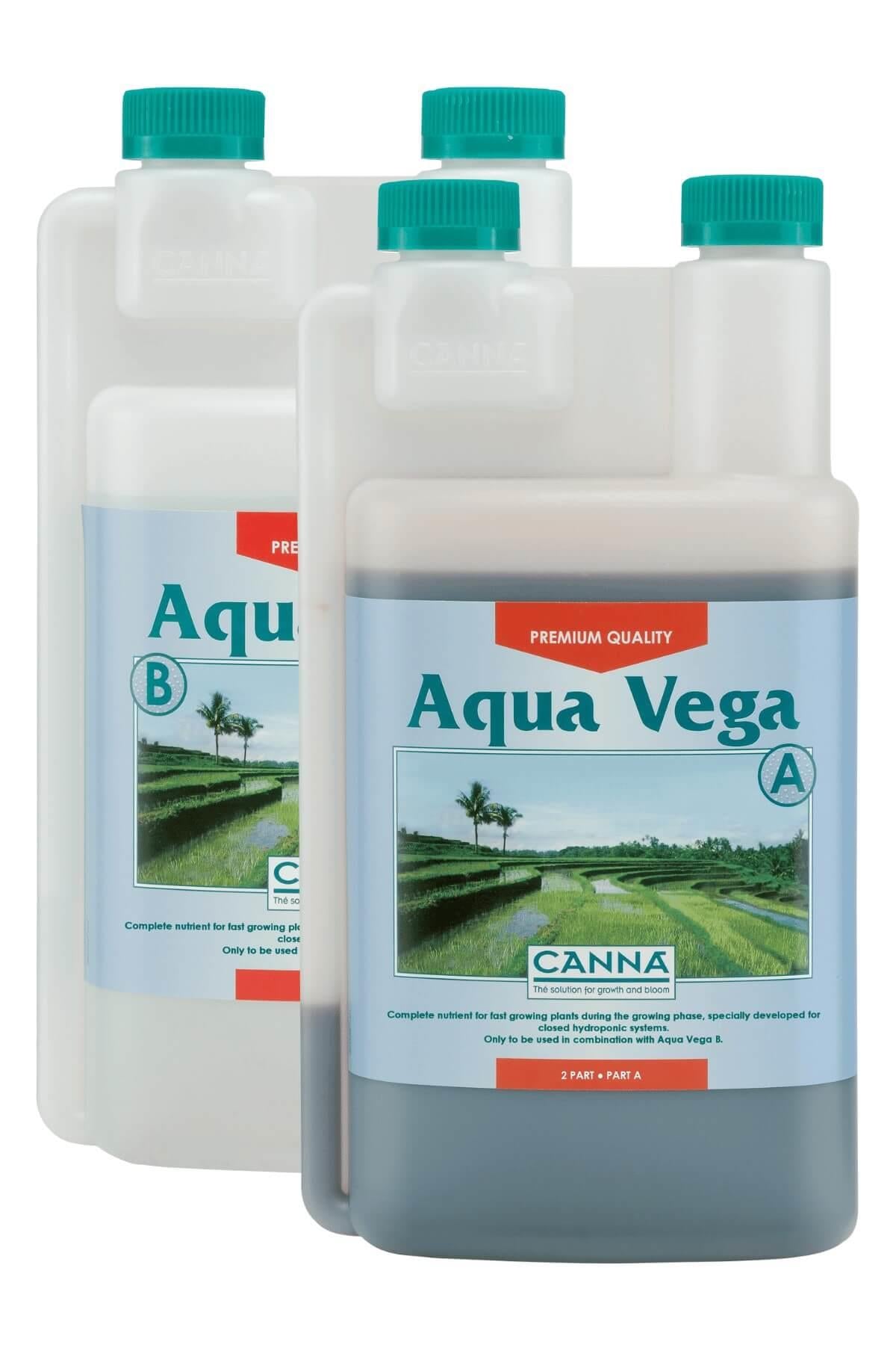 Aqua Vega Part A ve Part B 1 litrelik şeffaf şişeler – açık mavi etiket, yeşil tarla görseli, kapaklı
