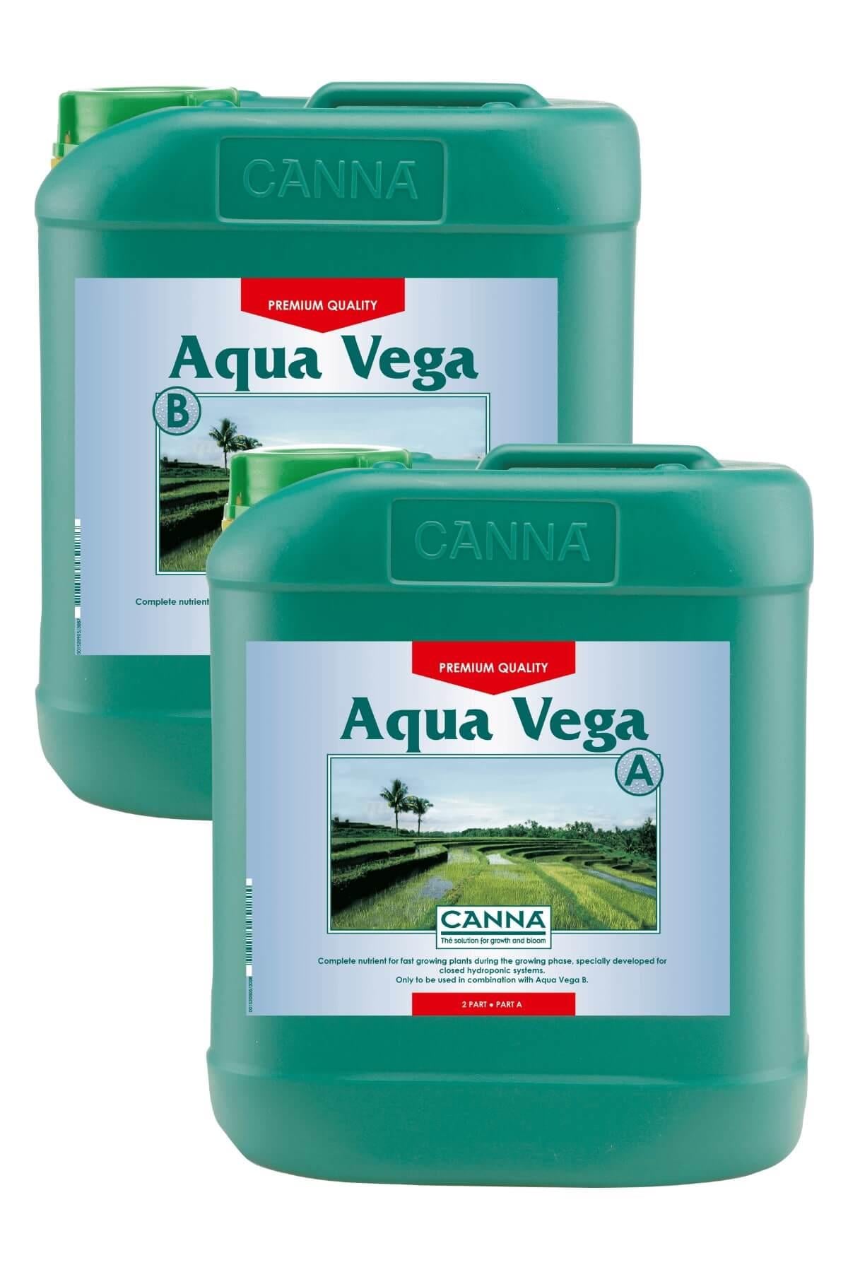 Aqua Vega Part A ve Part B 5 litrelik yeşil bidonlar – açık mavi etiket, tarla görseli, kulplu gövde