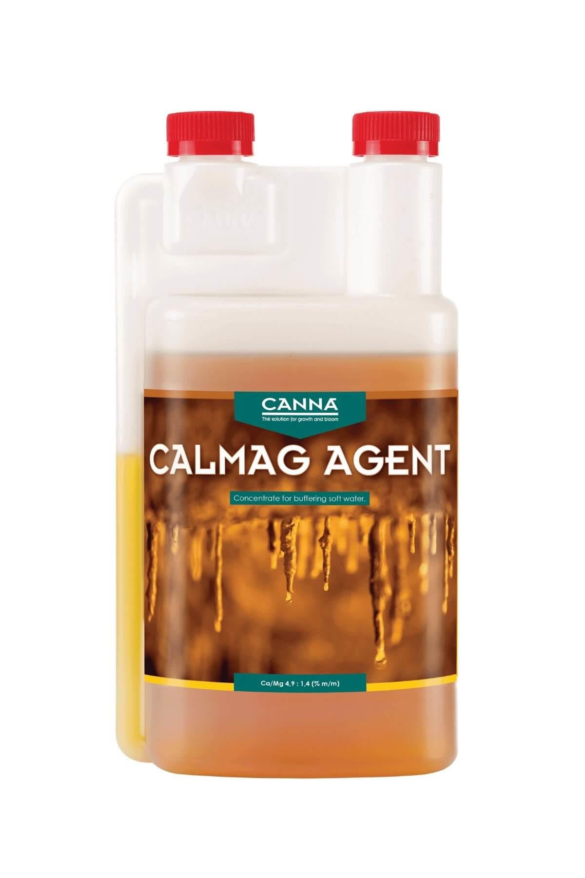 CALMAG Agent 1 litre şeffaf şişe – kehribar renkli sıvı, turuncu etiket, kök görseli, kırmızı kapaklar