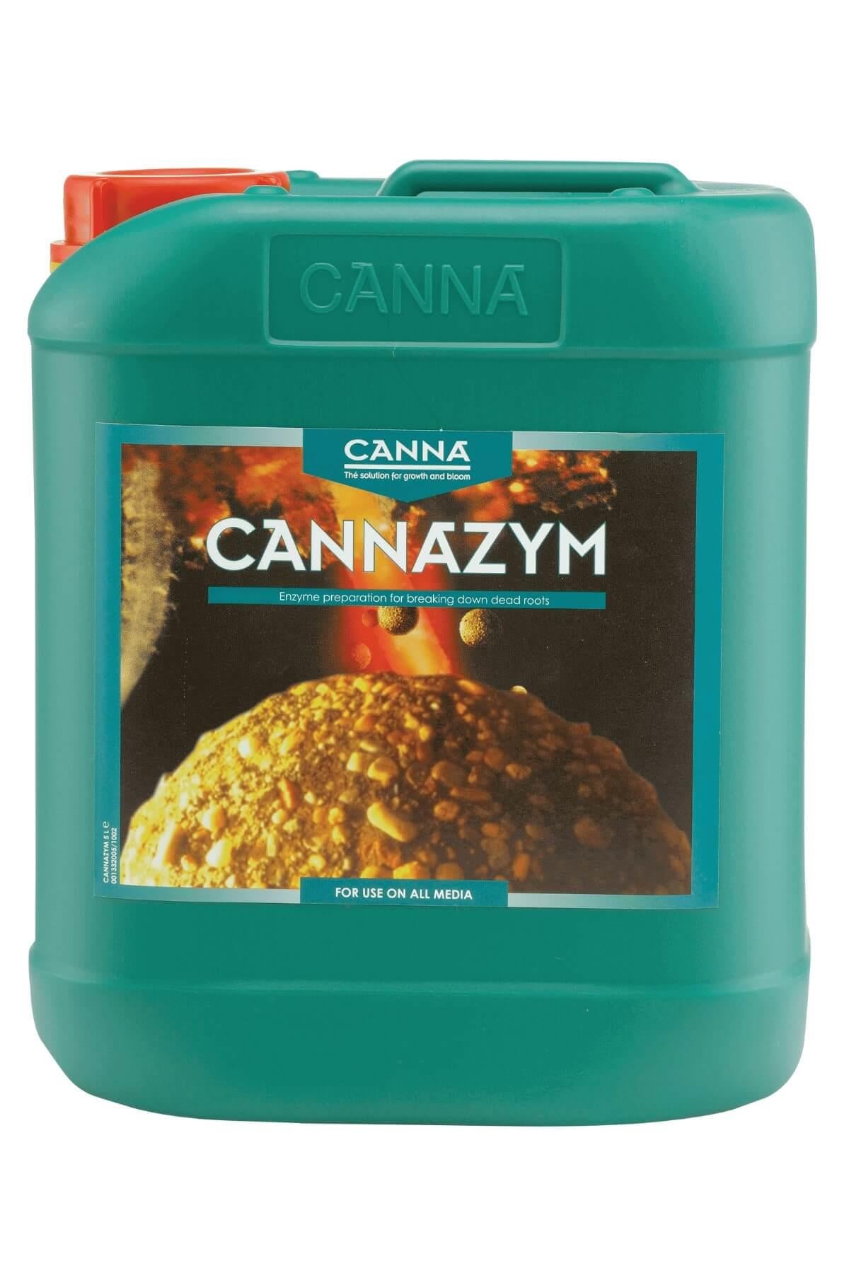 Cannazym 10 litre yeşil büyük bidon – turkuaz etiket, altın kök görseli, kırmızı kapak, kulplu gövde
