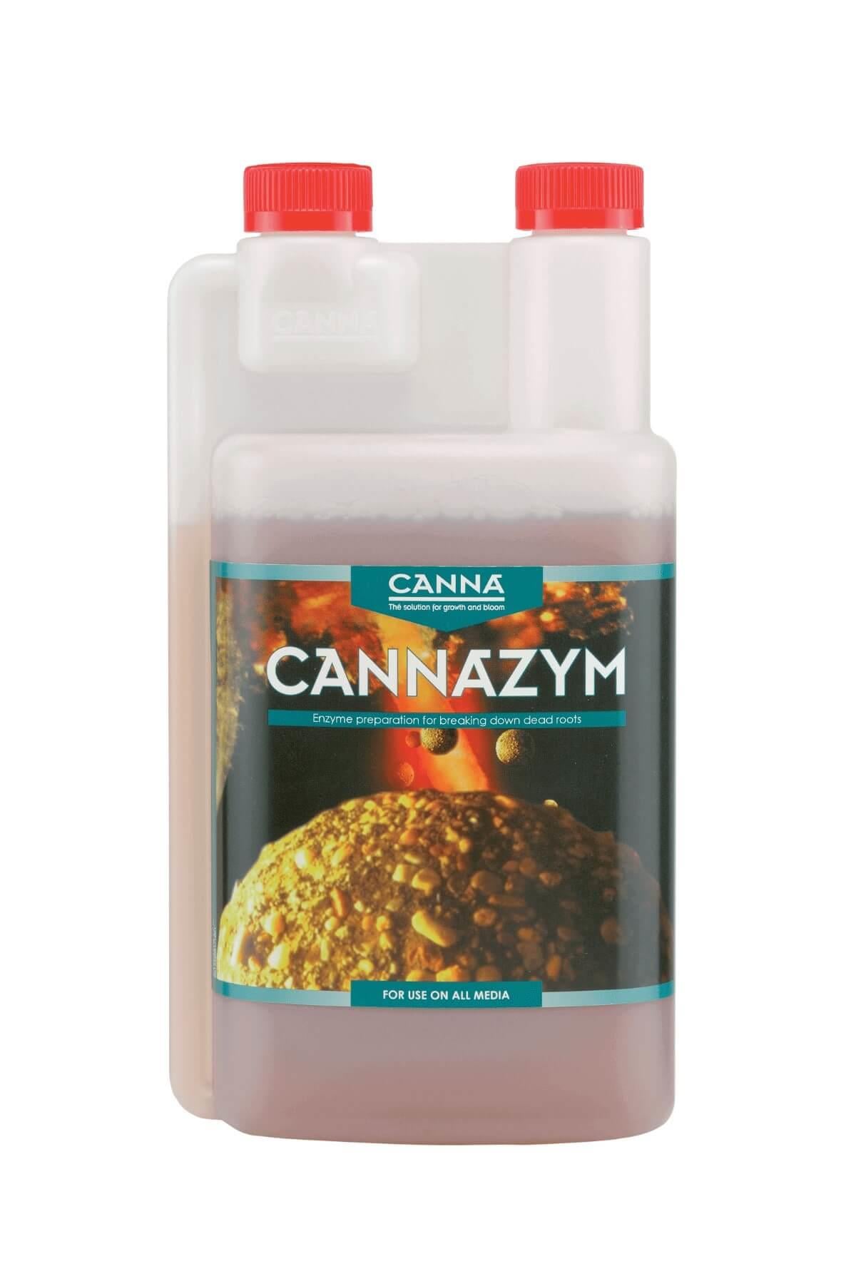 Cannazym 500 ml beyaz şeffaf şişe – turkuaz çerçeveli etiket, altın kök fotoğrafı, iki kırmızı kapak