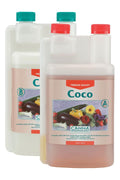 Canna Coco Part A ve Part B 1 litrelik şeffaf şişeler – şeftali rengi etiket, sebze görselli ön yüz