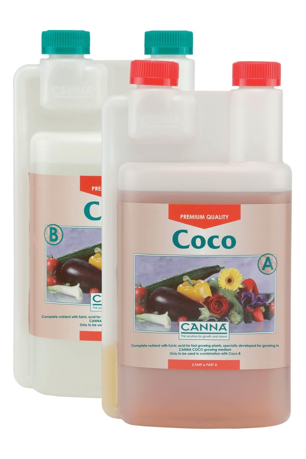 Canna Coco Part A ve Part B 1 litrelik şeffaf şişeler – şeftali rengi etiket, sebze görselli ön yüz