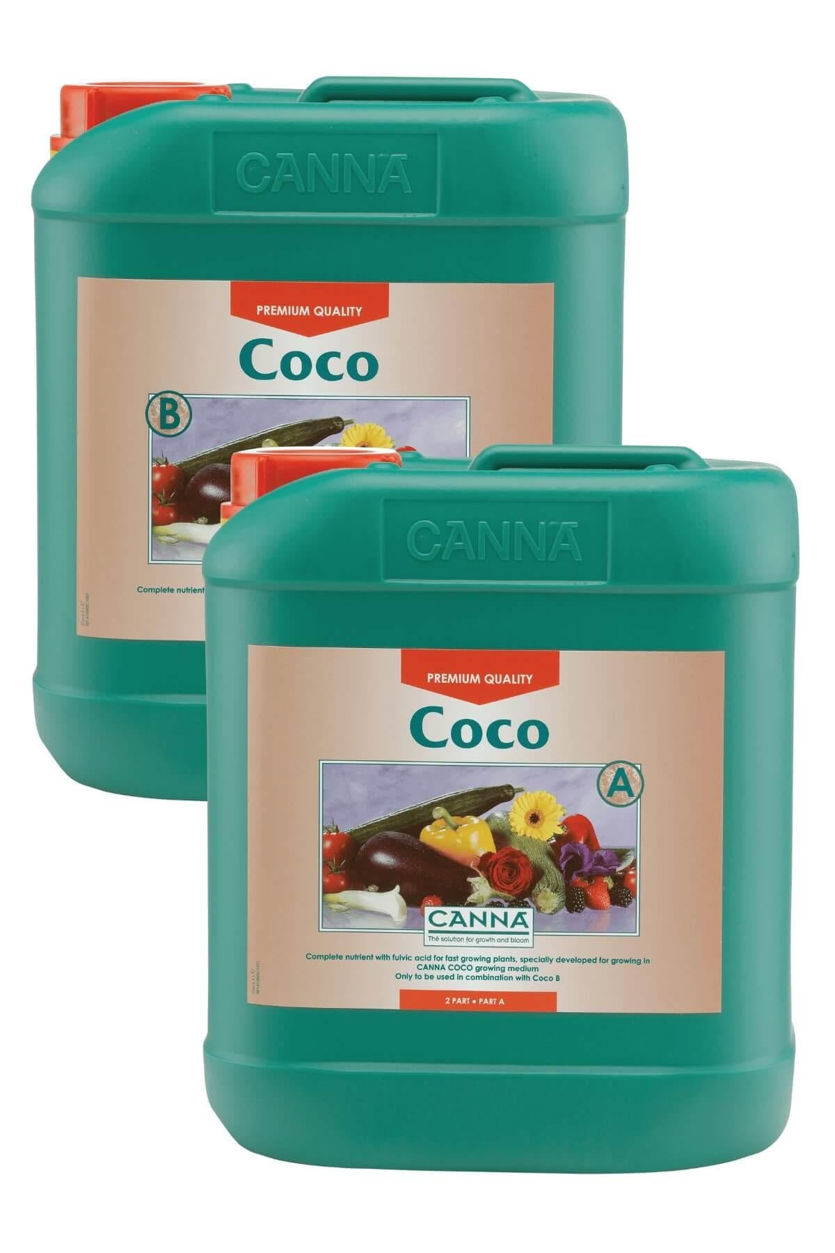 Canna Coco Part A ve Part B 5 litrelik yeşil bidonlar – şeftali etiket, sebze görseli, kulplu gövde