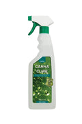 Canna Cure RTU 750 ml şeffaf sprey şişesi – yeşil etiket, su damlalı yaprak görseli, tetikli başlık