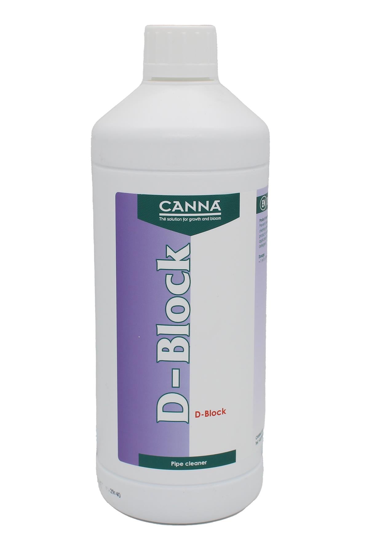 D-Block 1 litre beyaz şişe – mor etiket, D-Block yazısı, Pipe cleaner alt bandı ve beyaz vidalı kapak