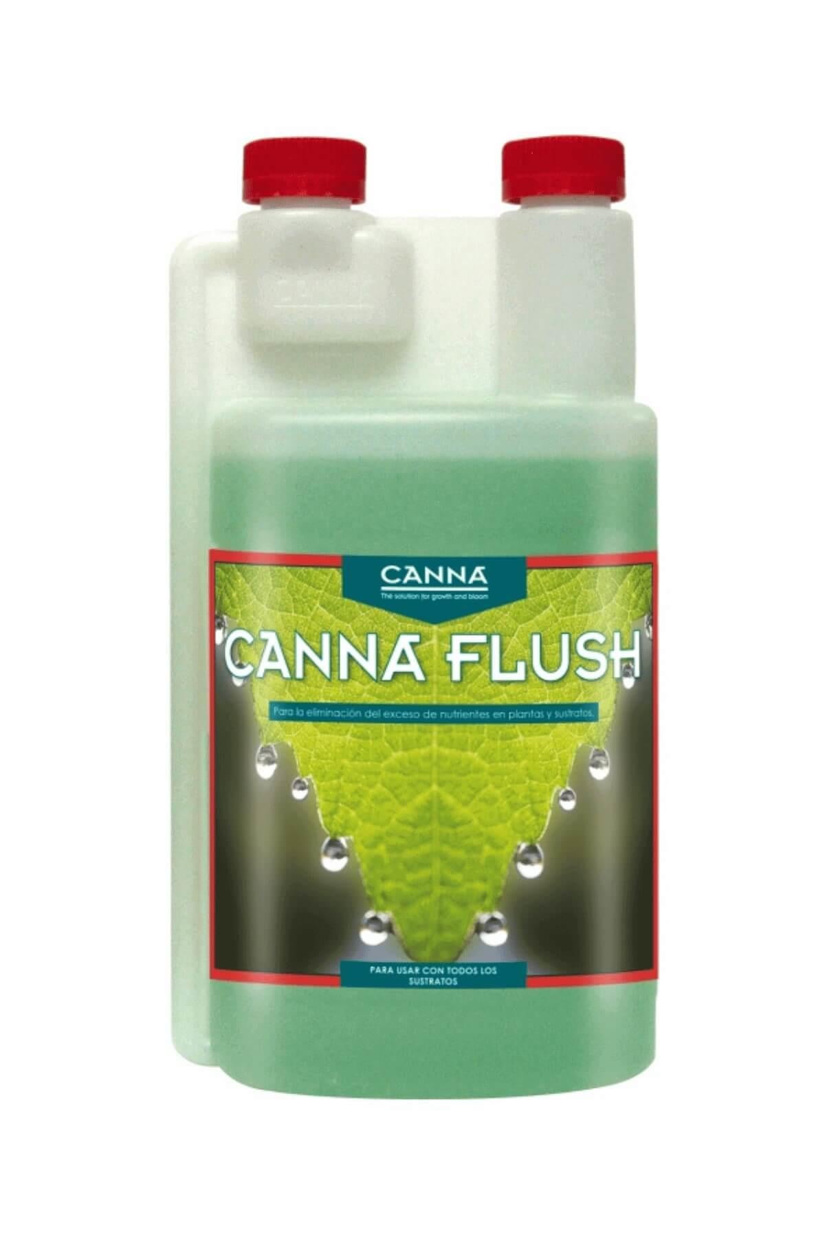 Canna Flush 250 ml şeffaf şişe – yeşil etiket, su damlalı yaprak fotoğrafı, iki kırmızı dozaj kapağı