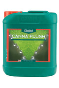 Canna Flush 5 litre yeşil bidon – yeşil etiket, su damlalı yaprak fotoğrafı, kırmızı kapak, kulplu