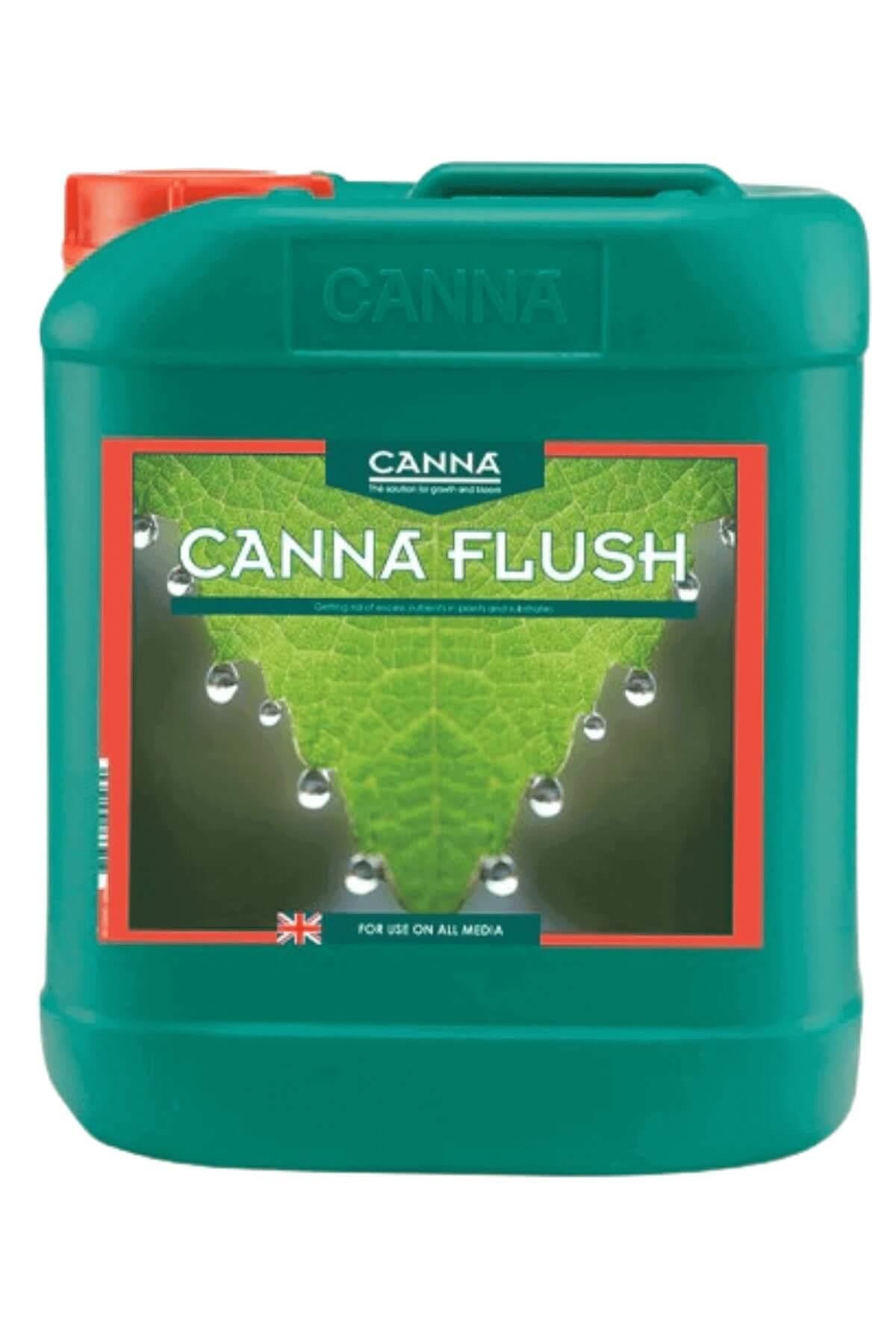 Canna Flush 5 litre yeşil bidon – yeşil etiket, su damlalı yaprak fotoğrafı, kırmızı kapak, kulplu
