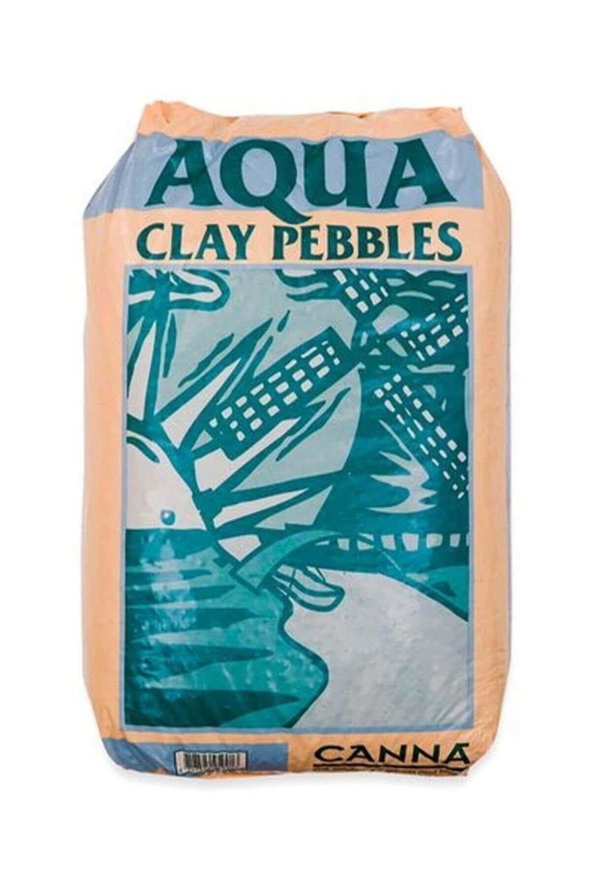 Aqua Clay Pebbles 45 litre ambalaj – turuncu mavi desenli çuval, Canna logosu ve kil bilye görselli yüz