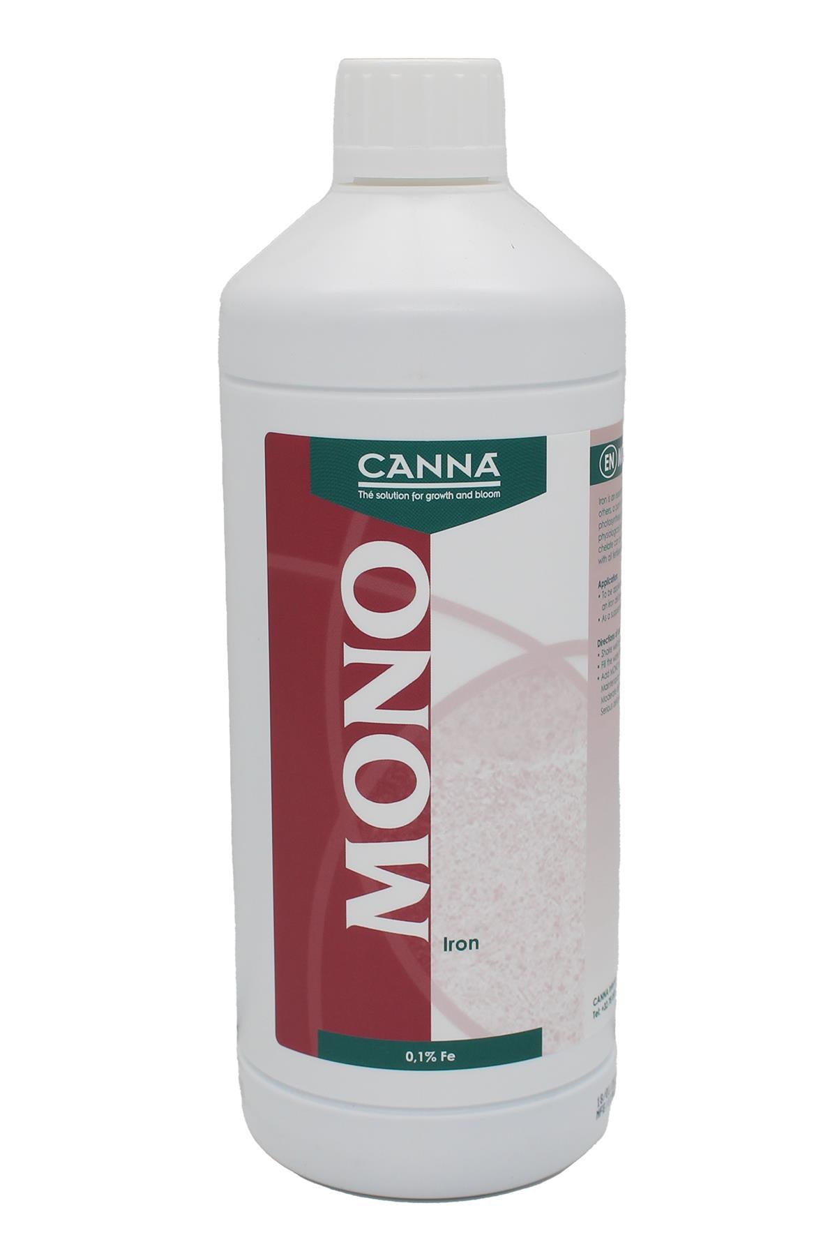 Canna Mono Demir 1 litre beyaz şişe – bordo bantlı Mono etiketi, Iron yazısı ve beyaz vidalı kapak