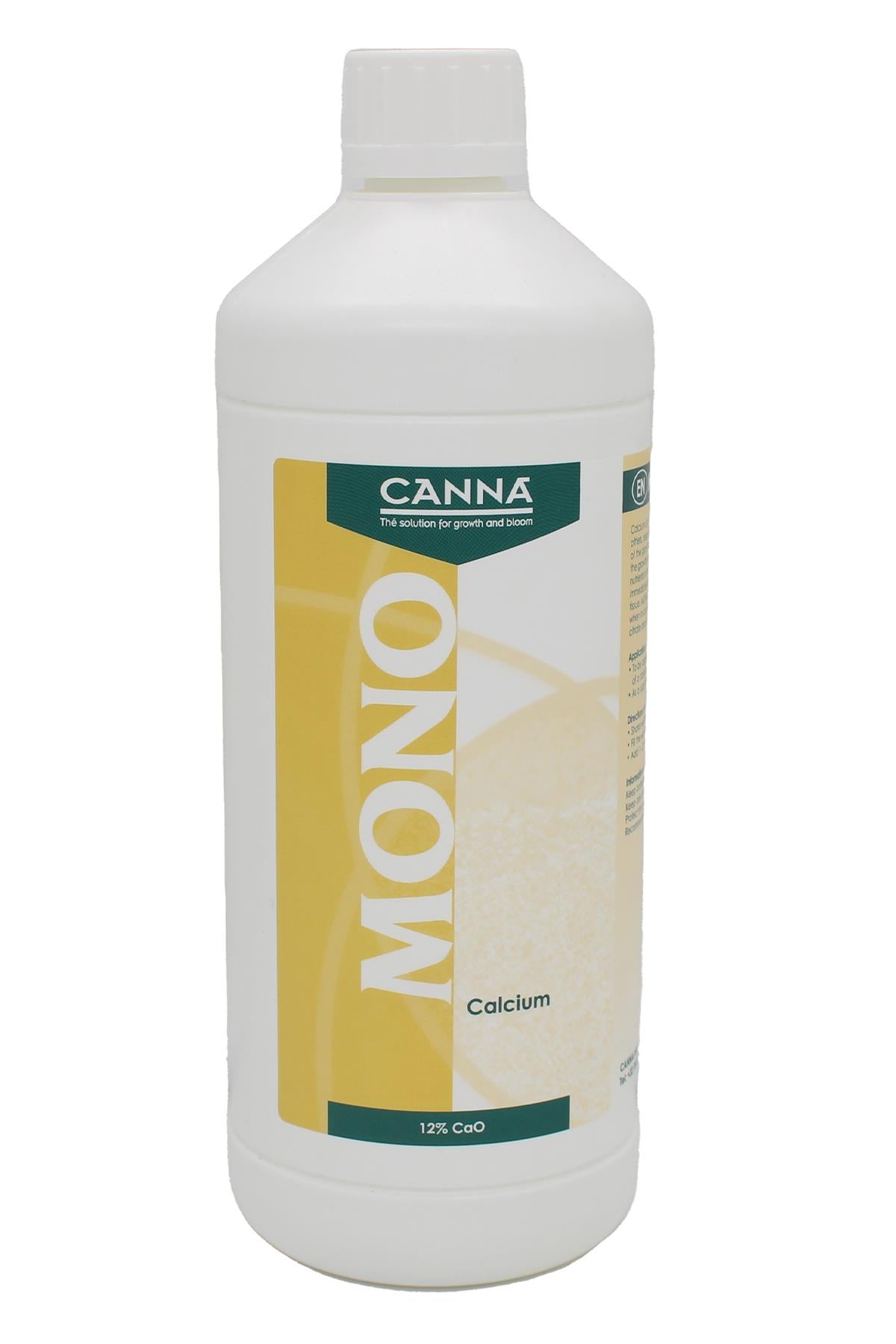 Canna Mono Kalsiyum 1 litre beyaz şişe – sarı bantlı Mono etiketi, Calcium yazısı ve beyaz vidalı kapak
