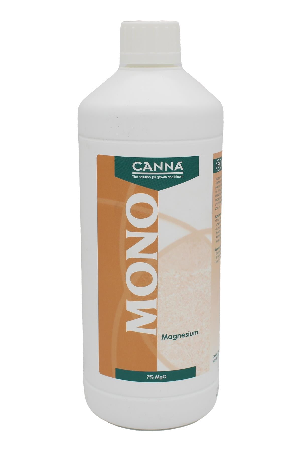 Canna Mono Magnezyum 1 litre beyaz şişe – turuncu bantlı Mono etiketi, Magnesium yazısı, beyaz kapak