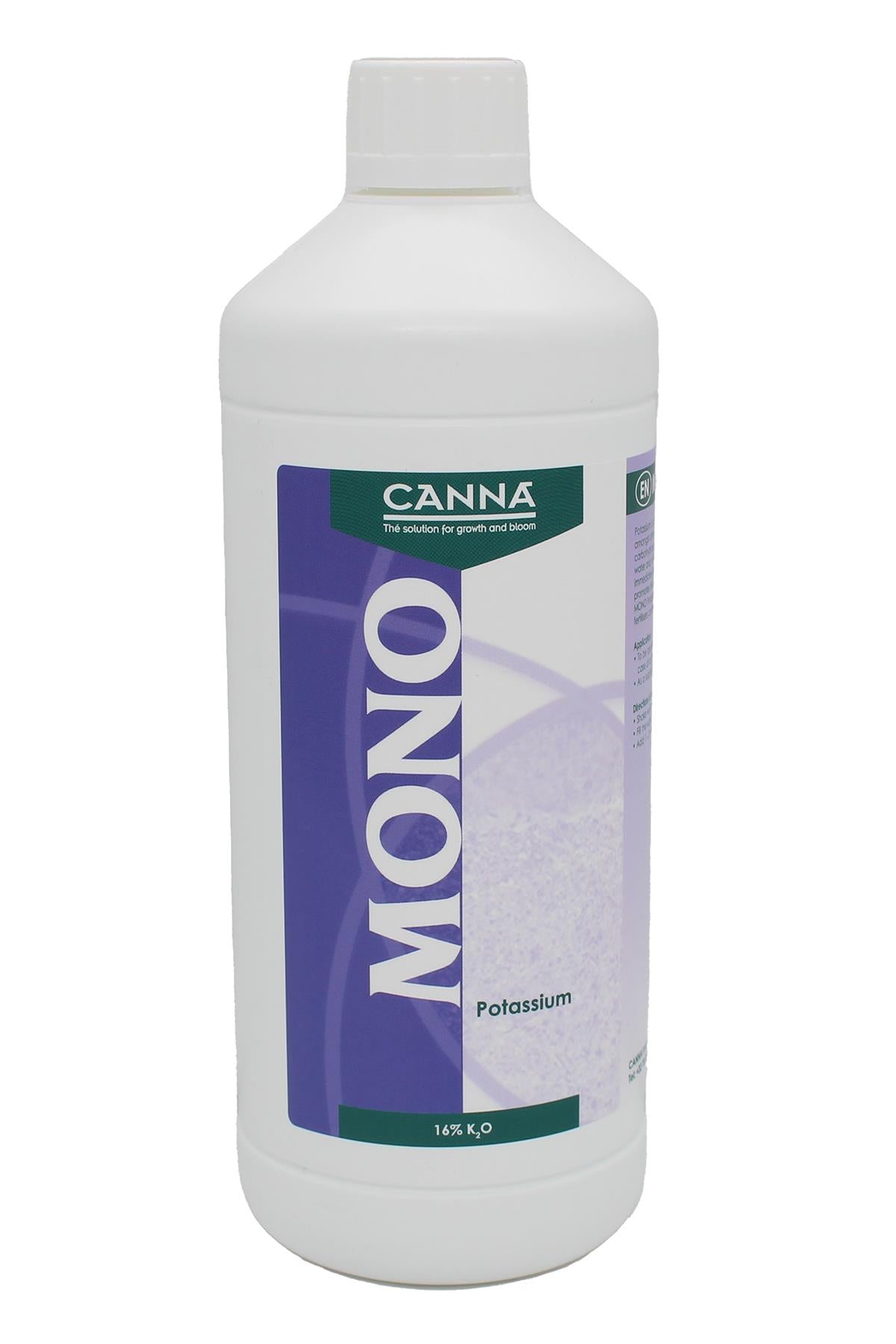 Canna Mono Potasyum 1 litre beyaz şişe – mor bantlı Mono etiketi, Potassium yazısı, beyaz vidalı kapak