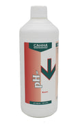 pH Down Bloom 1 litre beyaz şişe – kırmızı etiket, aşağı bakan yeşil ok, pH- ve Bloom yazılı ön yüz