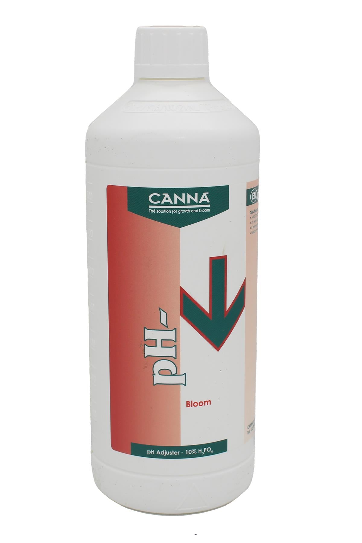 pH Down Bloom 1 litre beyaz şişe – kırmızı etiket, aşağı bakan yeşil ok, pH- ve Bloom yazılı ön yüz