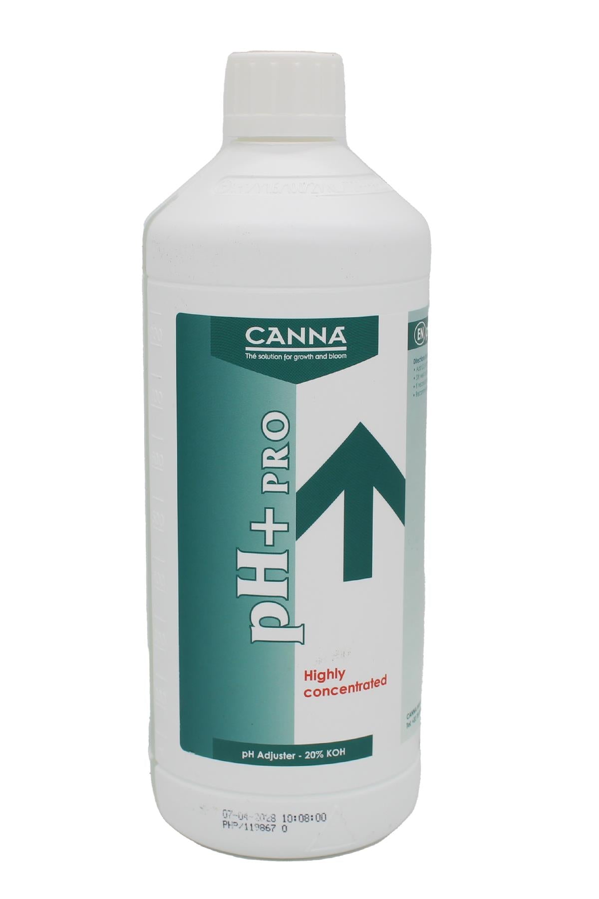 pH Up Pro 1 litre beyaz şişe – turkuaz etiket, yukarı yeşil ok, pH+ Pro ve Highly Concentrated yazısı