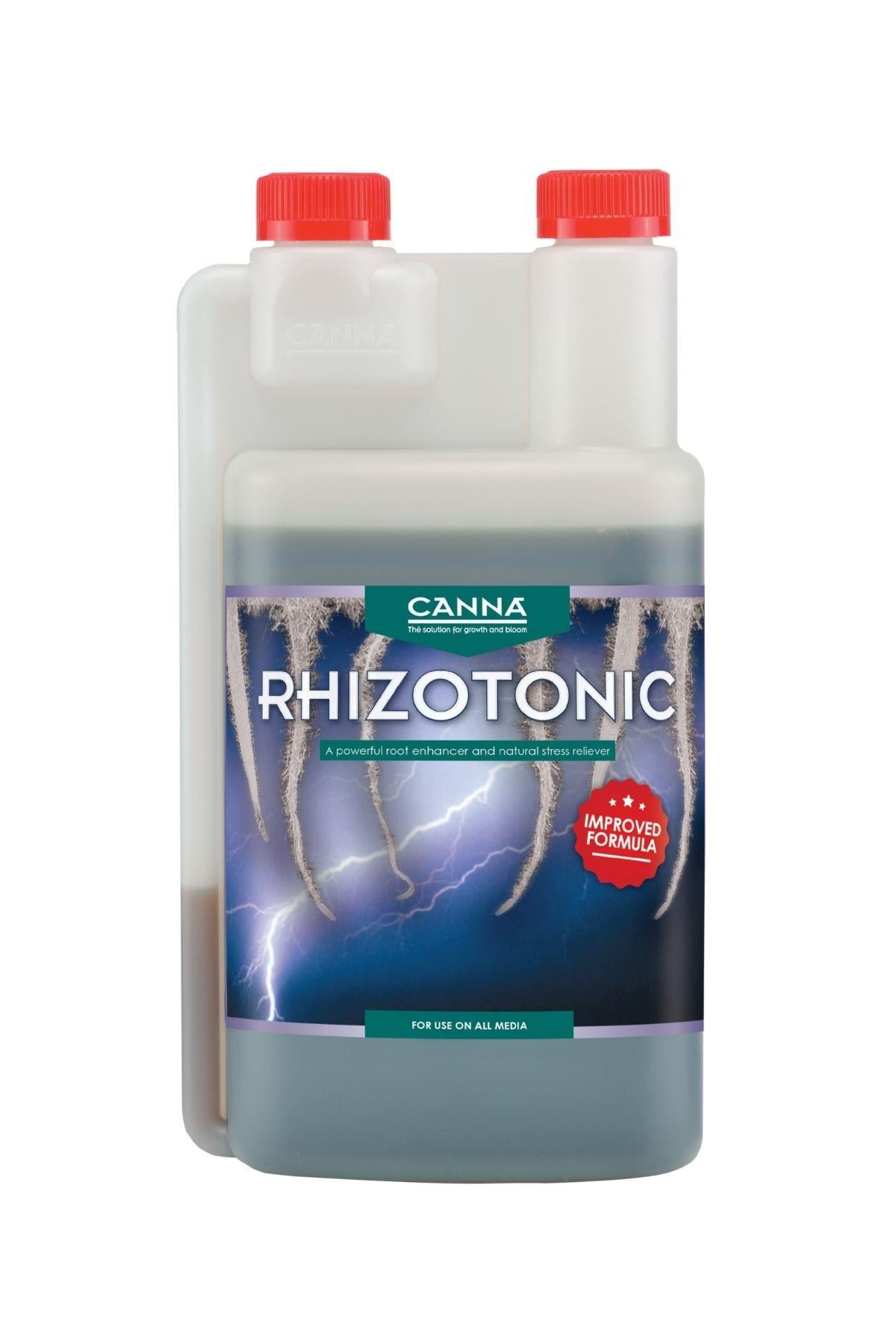 Rhizotonic 1 litre beyaz şeffaf şişe – mor etiket, beyaz kök ve şimşek çizimi, iki kırmızı dozaj kapağı