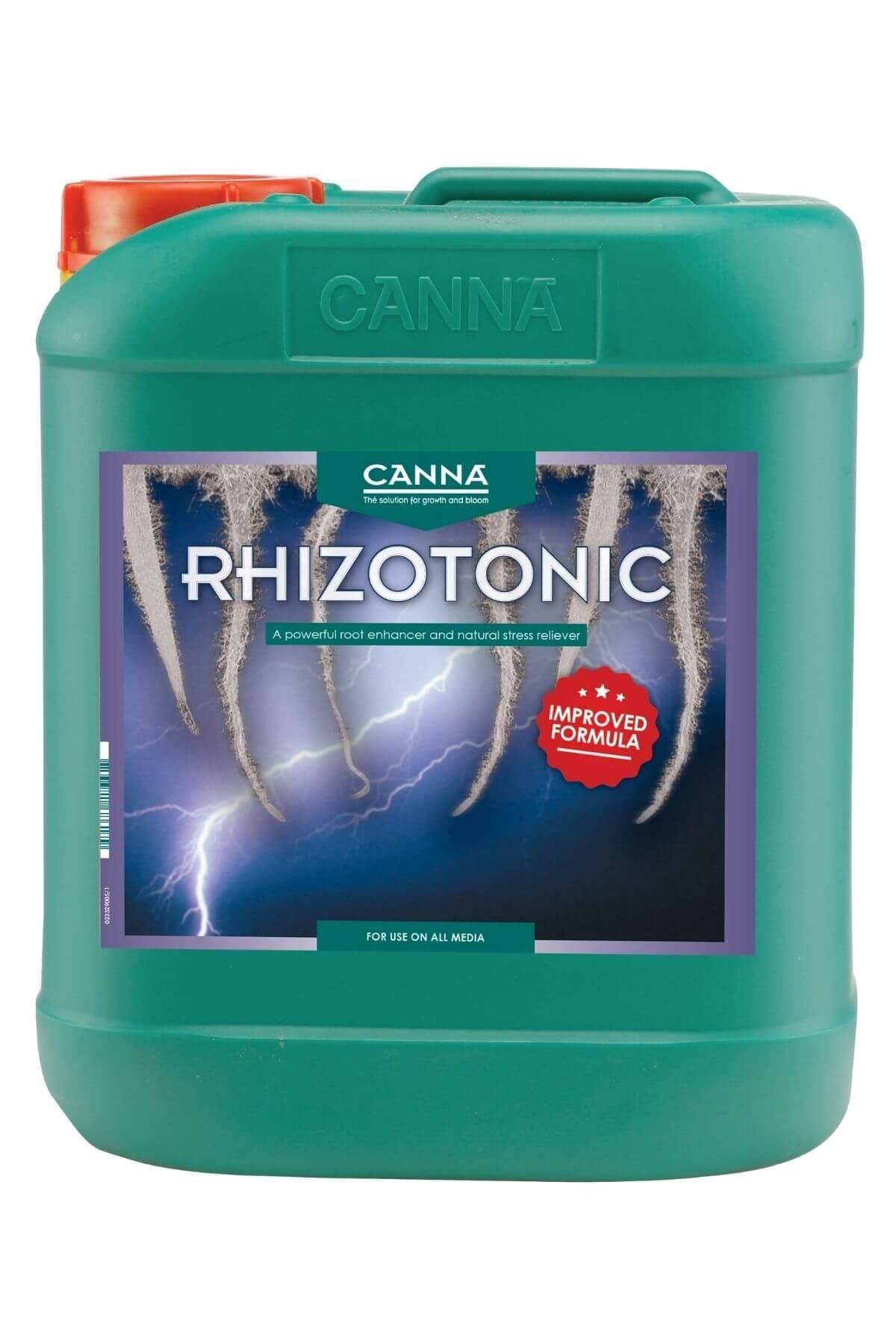 Rhizotonic 10 litre yeşil büyük bidon – mor etiket, kök ve şimşek görseli, kırmızı kapak, kulplu gövde