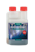 Rhizotonic 250 ml beyaz şeffaf şişe – mor etiket, beyaz kök ve şimşek görseli, kırmızı dozaj kapakları