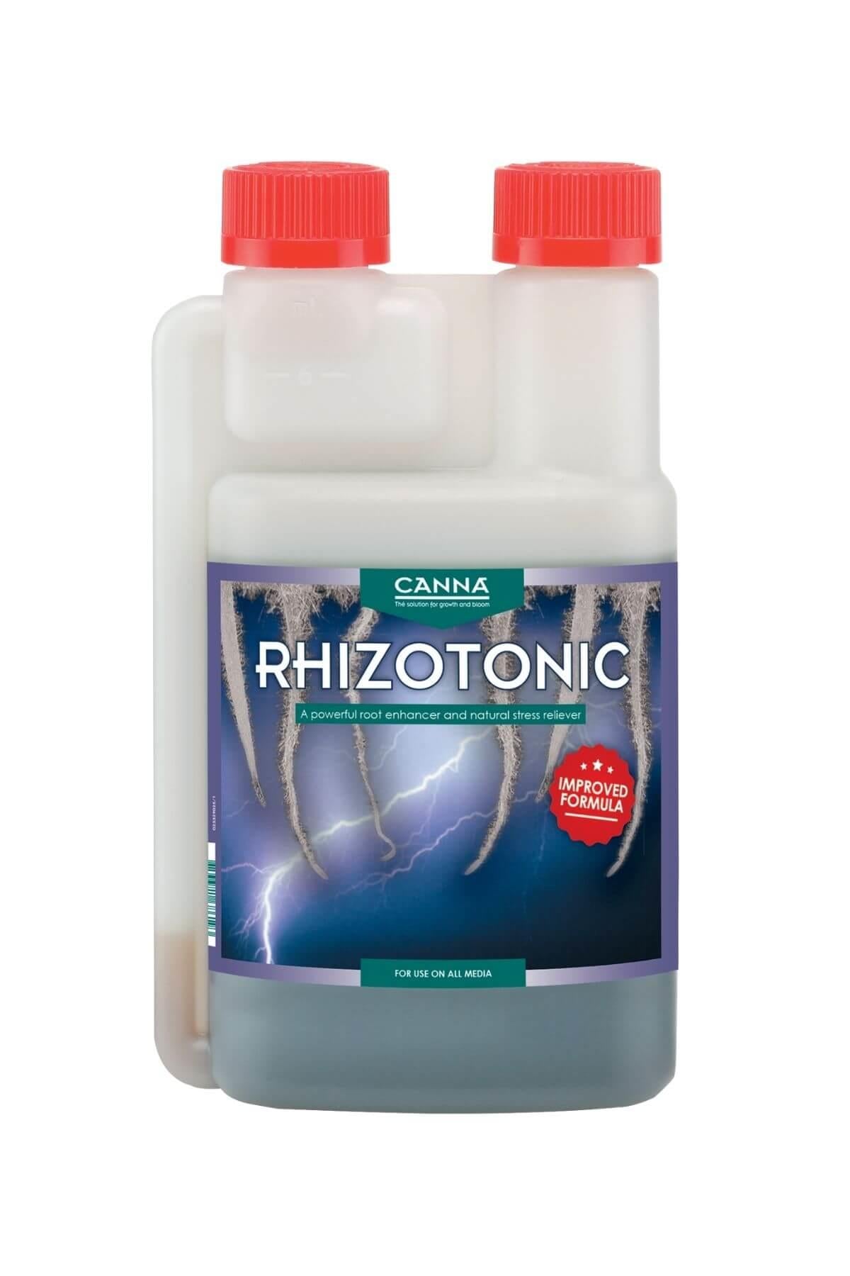 Rhizotonic 250 ml beyaz şeffaf şişe – mor etiket, beyaz kök ve şimşek görseli, kırmızı dozaj kapakları