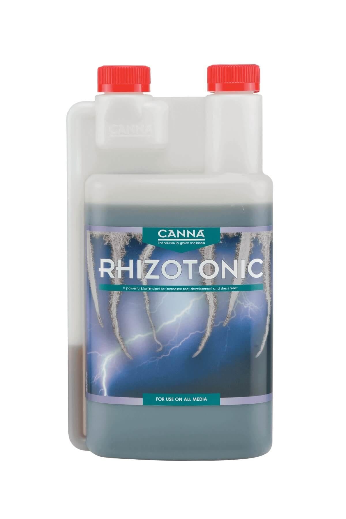 Rhizotonic 500 ml beyaz şeffaf şişe – mor etiket, kök ve şimşek görseli, iki kırmızı kapak, dozaj hazneli