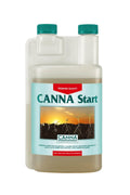 Canna Start 1 litre şeffaf şişe – turkuaz etiket, gün doğumu ve kök çizimi, iki yeşil dozaj kapağı