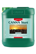 Canna Start 5 litre yeşil bidon – turkuaz etiket, gün doğumu görseli, yeşil kapak, kulplu geniş gövde