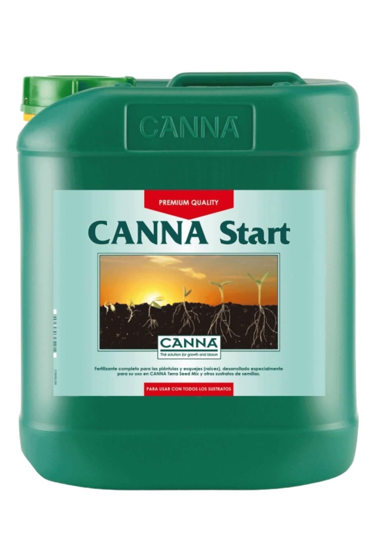 Canna Start 5 litre yeşil bidon – turkuaz etiket, gün doğumu görseli, yeşil kapak, kulplu geniş gövde