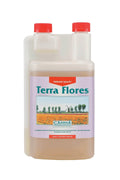 Terra Flores 1 litre beyaz şeffaf şişe – leylak etiket, turuncu çiçekli tarla, iki kırmızı dozaj kapağı