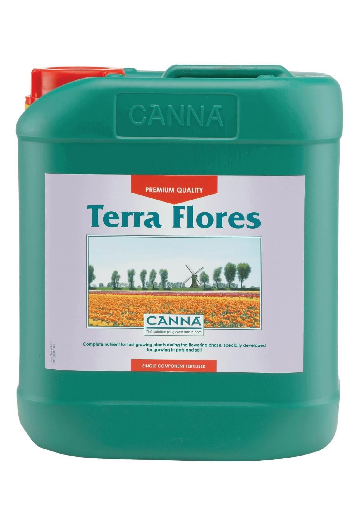 Terra Flores 5 litre yeşil bidon – leylak etiket, turuncu çiçek tarlası, kırmızı kapak, kulplu gövde