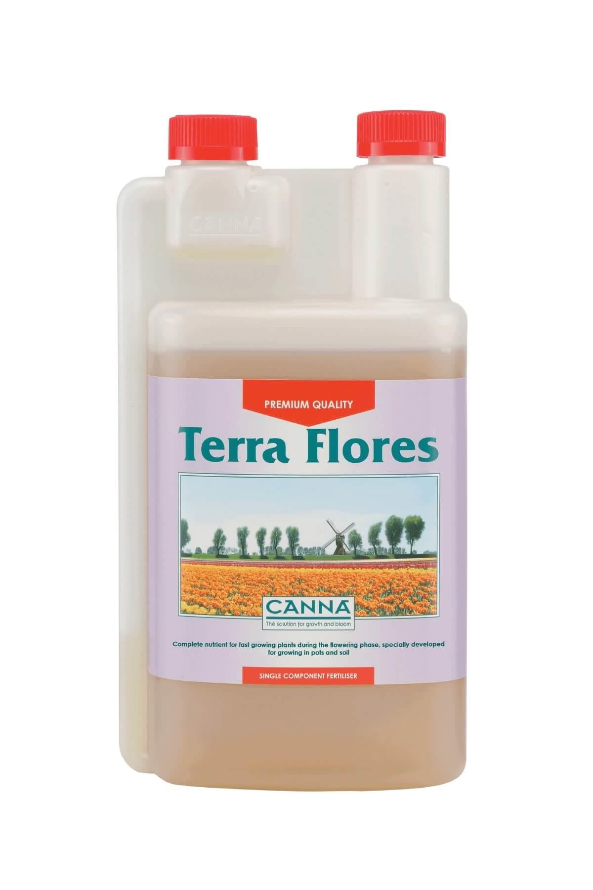 Terra Flores 500 ml beyaz şeffaf şişe – leylak etiket, turuncu çiçek tarlası fotoğrafı, kırmızı kapaklı