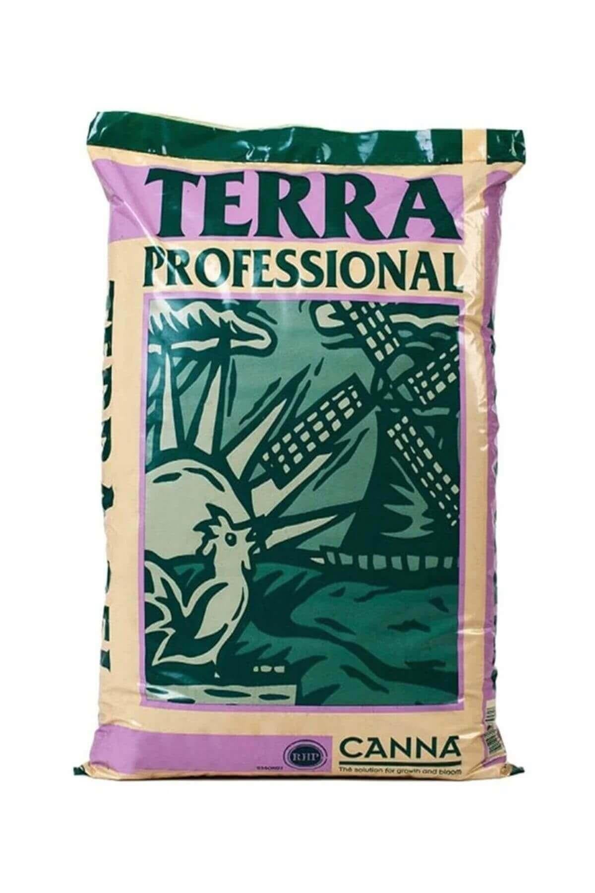 Canna Terra Professional 50 litre renkli baskılı çuval – bitki illüstrasyonlu ön yüz, altta marka şeridi